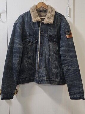 Polo Ralph Lauren USA Flag Patch Sherpa Denim Trucker Jacket Men's Size XXL NWT
